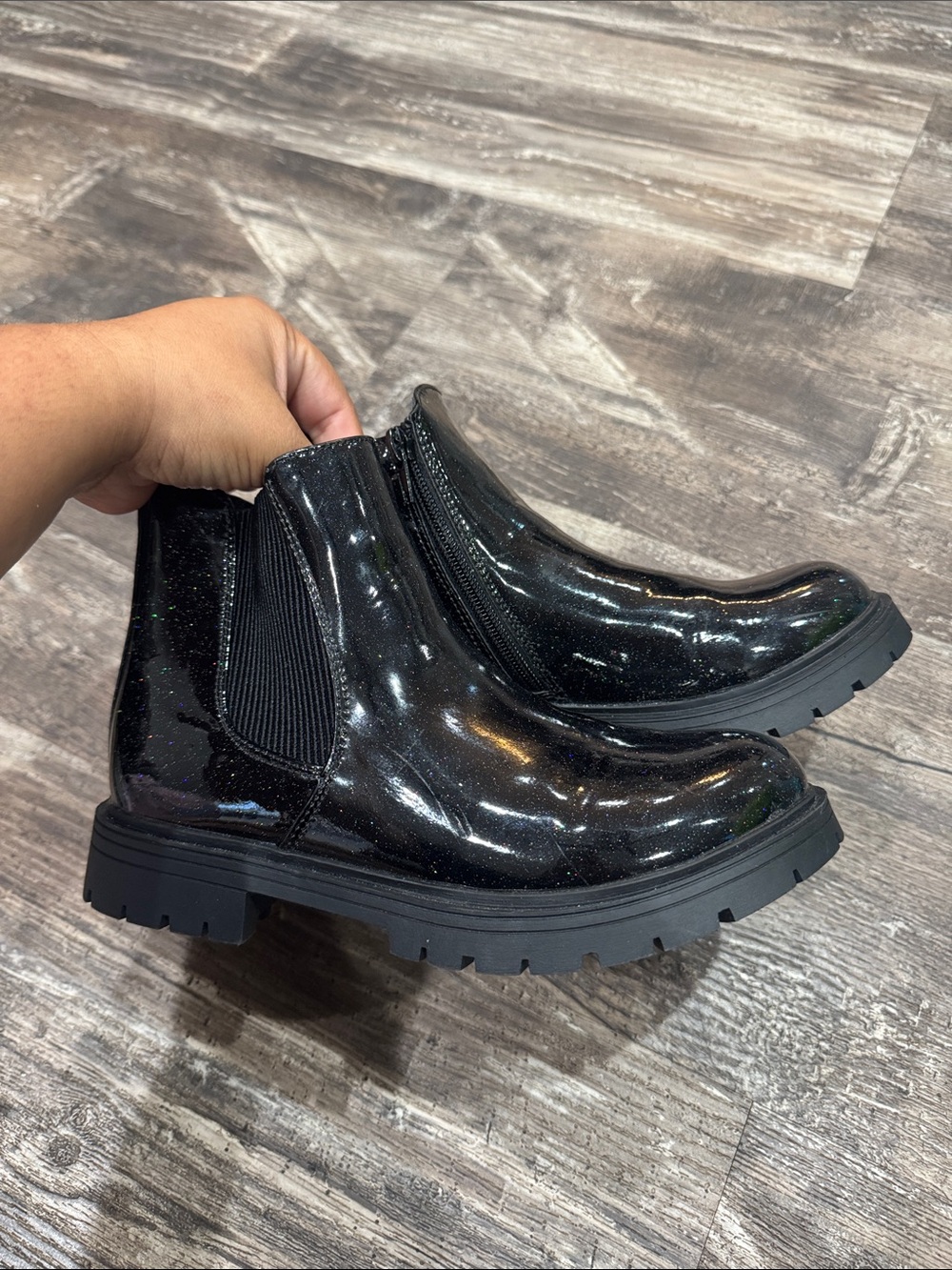 Kids Glitter Black Chelsea Boots with Lug Sole
